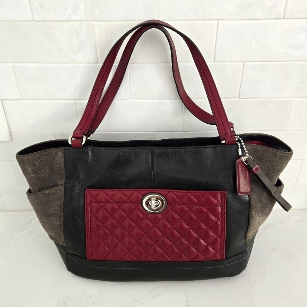 Coach Black Tote with Burgundy Quilted Front and Taupe Sides